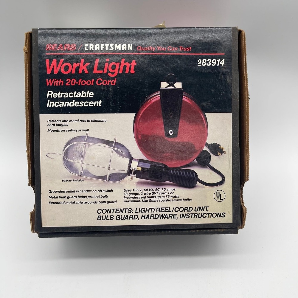 Vintage Sears Craftsman Retractable Incandescent Work Light 20-Foot Cord 983914